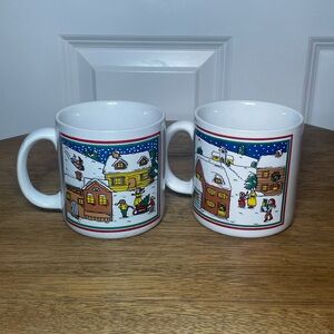 Charming Vintage Winter Village Mugs - Set of 2